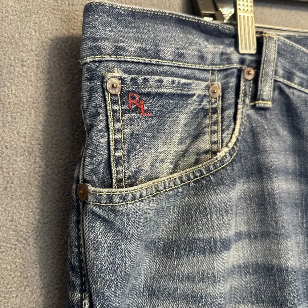 Polo Ralph Lauren Hampton Straight Jeans Mens 38x30 Blue Denim Whiskering Preppy
